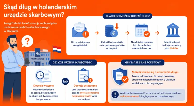 Holenderski urząd skarbowy (Belastingdienst) może uznać Cię za dłużnika, jeśli zaliczki były za niskie lub nie zapłaciłeś na czas. Brak ubezpieczenia w Holandii może prowadzić do takich sytuacji.