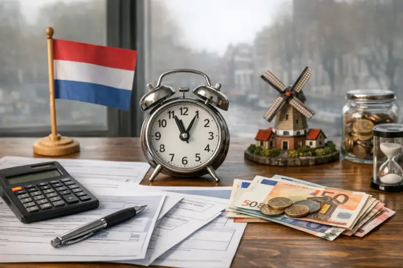 Nederlandse vlag, wekker, geld en molen. Tijd om de belastingdienst po polsku te regelen.