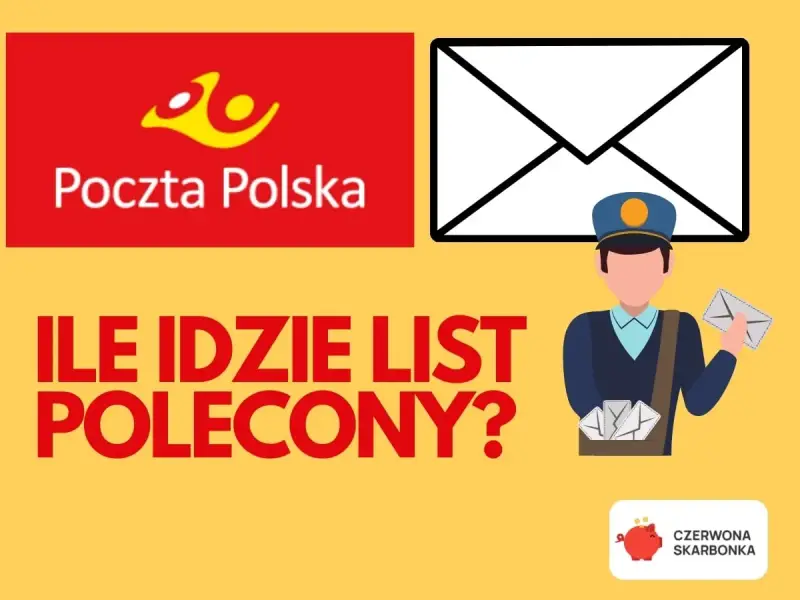 Grafika z logo Poczty Polskiej i pytaniem: "Ile idzie list z Polski do Holandii?". Widoczny listonosz z listami.