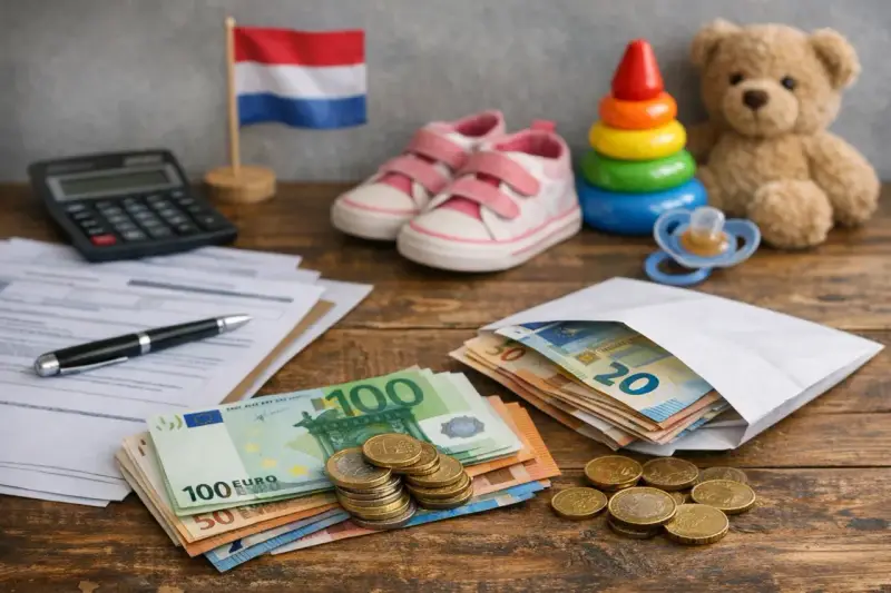 Holandia: ulga podatkowa na dziecko. Pieniądze, dokumenty, kalkulator, zabawki i flaga Holandii sugerują rozliczenie podatkowe związane z dzieckiem.